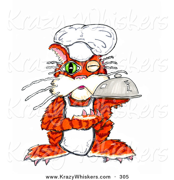 Critter Clipart of a Winking Orange Cook Cat Holding a Serving Platter of Food