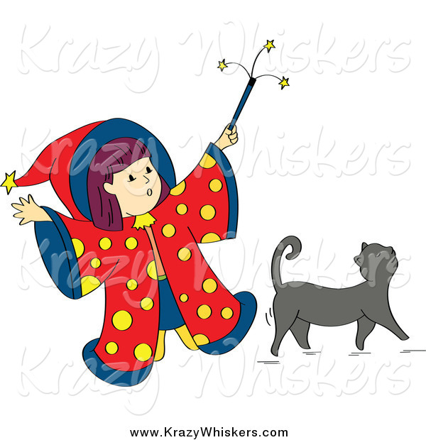 Critter Clipart of a Wizard Girl Holding up Her Magic Wand over Her Gray Cat