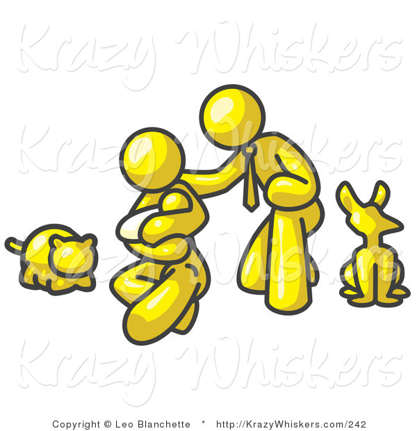 Critter Clipart of a Yellow Family, Father, Mother and Newborn Baby with Their Dog and Cat on White