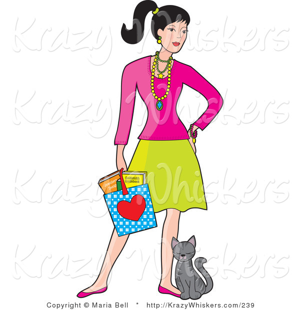 Critter Clipart of a Young White Woman Holding a Shopping Bag and Standing with a Cat Rubbing Against Her Leg