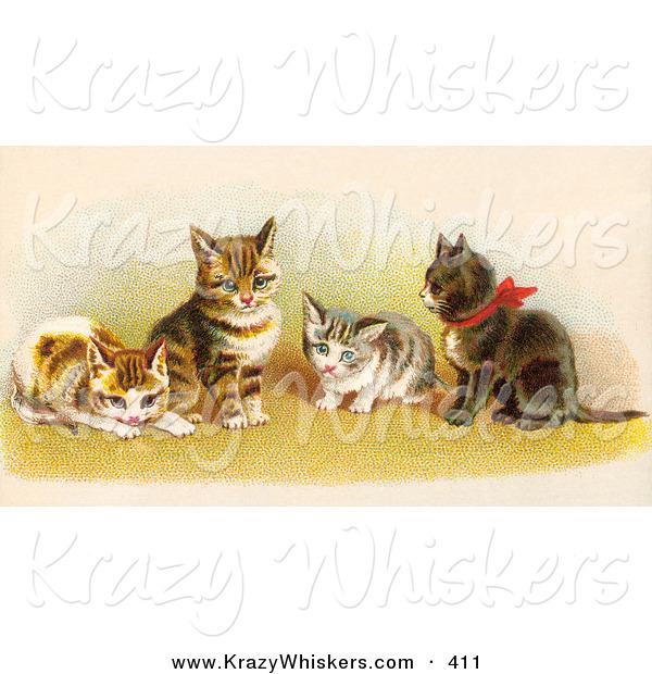 Critter Clipart of AGroup of Four Adorable Victorian Kittens in a Group, One Wearing a Red Bow