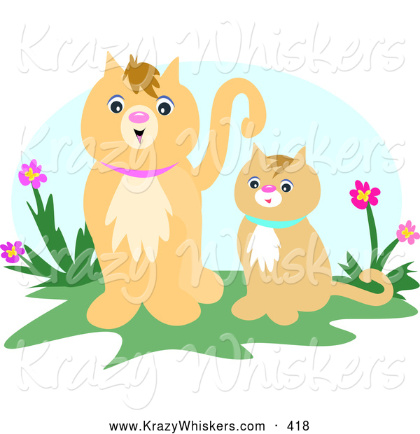 Critter Clipart of AHappy Adult Beige Cat Standing Beside Her Kitten near Purple and Pink Flowers