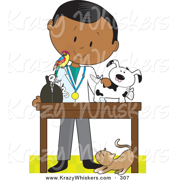Critter Clipart of an African American Male Veterinarian with a Bird on His Shoulder, Bandaging up an Injured Puppy, a Cat at His Feet.
