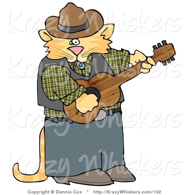 Critter Clipart of an Anthropomorphic Cowboy Orange Tabby Cat Playing Country Music on an Acoustic Guitar