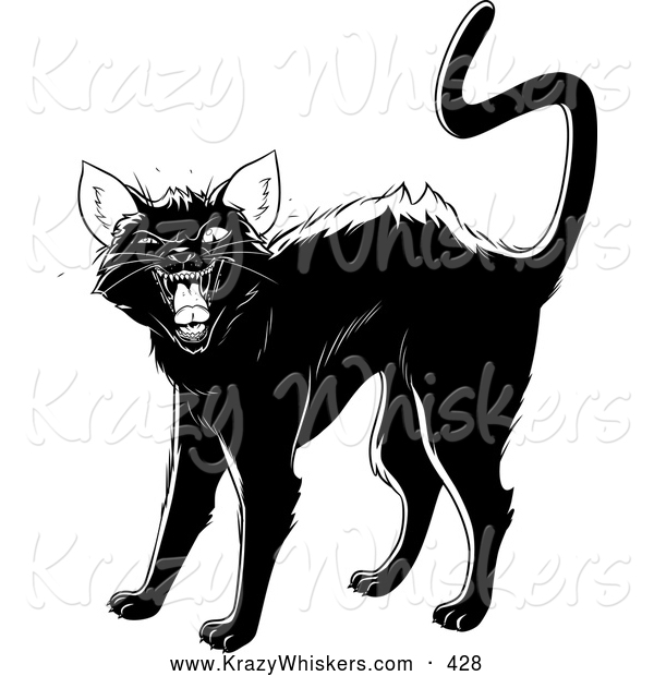 Critter Clipart of an Evil Black Cat Arching Its Back, Twitching Its Tail and Hissing at the Viewer