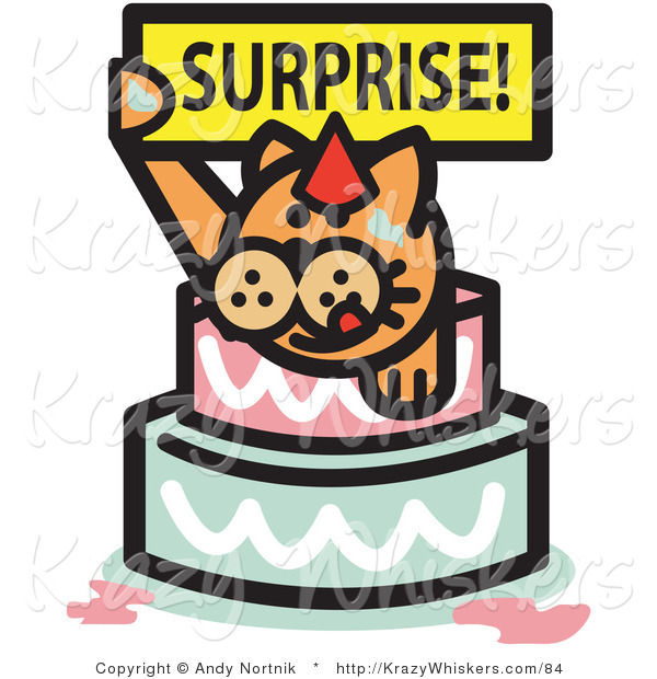 Critter Clipart of an Orange Birthday Cat Holding a Surprise Sign and Popping out of a Birthday Cake