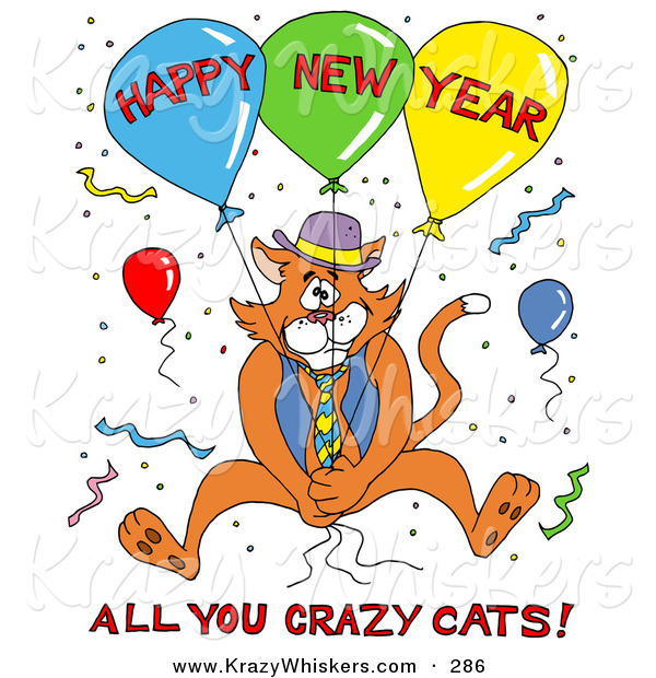 Critter Clipart of an Orange Cat in a Blue Vest and Tie, Holding onto Balloons and Surrounded by Confetti at a Party, with Happy New Year All You Crazy Cats Text