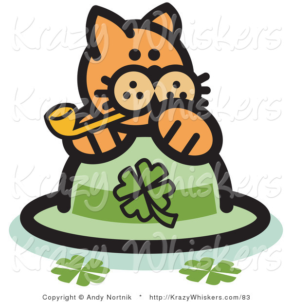 Critter Clipart of an Orange Cat on a Shamrock St Patrick's Day Hat, Smoking a Pipe