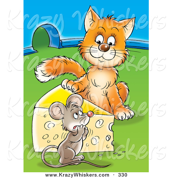 Critter Clipart of an Orange Cat Standing on the Other Side of a Cheese Wedge, Staring at a Frightened Mouse near a Mouse Hole
