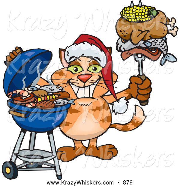 Critter Clipart of an Orange Cat Wearing a Santa Hat and Holding Food on a Fork