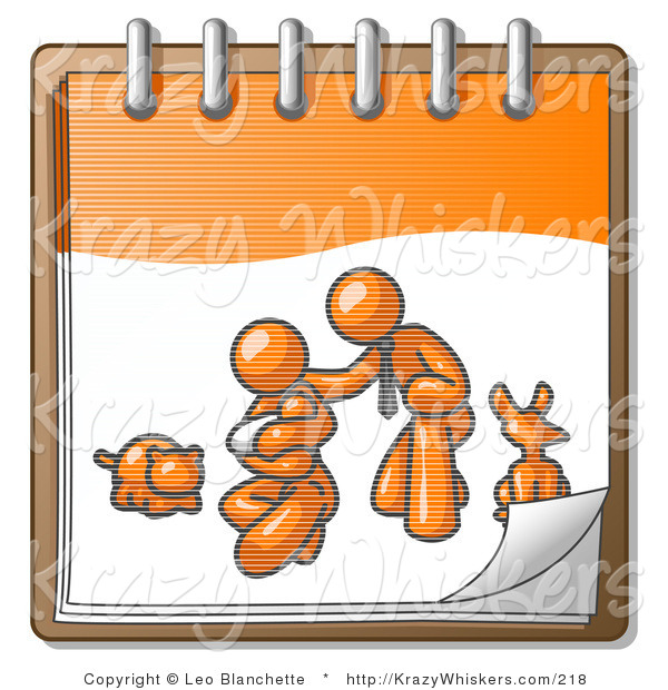 Critter Clipart of an Orange Family Showing a Businessman Kneeling Beside His Wife and Newborn Baby with Their Dog and Cat on a Notebook, Symbolizing Family Planning