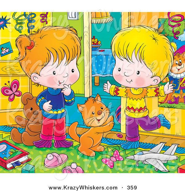 Critter Clipart of an Orange Kitty Cat Playing with a Happy Boy and Girl in a Messy Bedroom