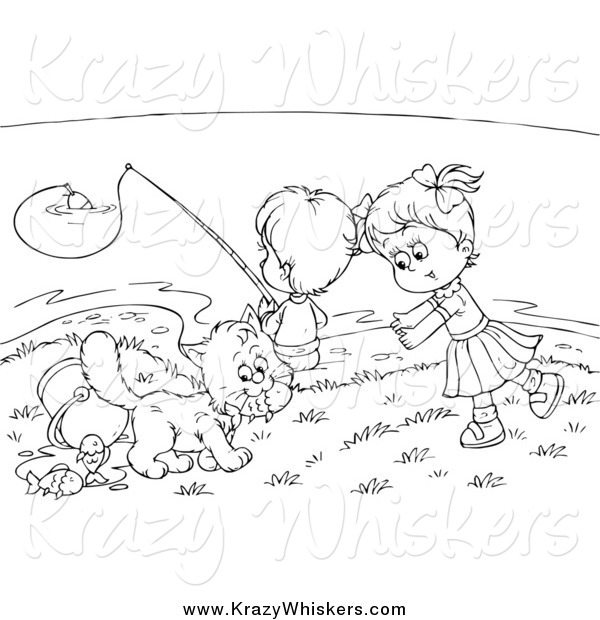 Critter Clipart of Black and White Children and a Cat Fishing