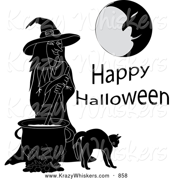 Critter Clipart of Happy Halloween Text with a Moon Man, Witch, Cauldron and Cat
