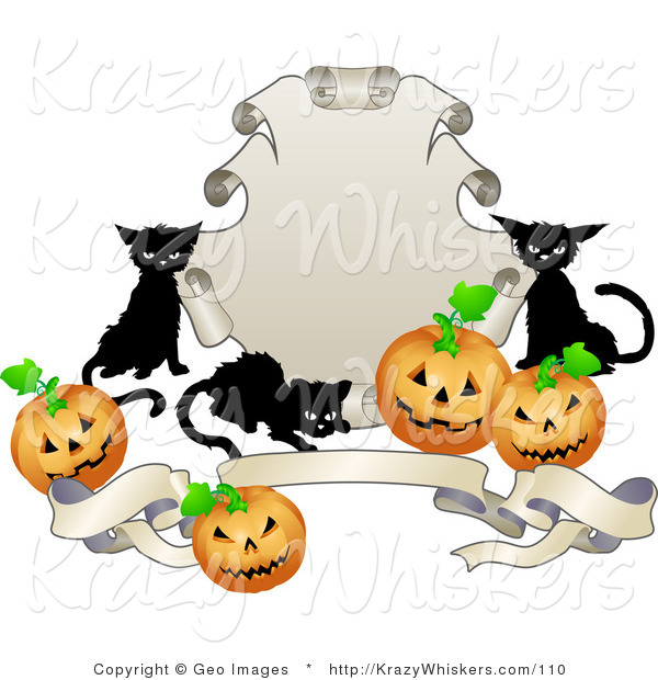 Critter Clipart of Three Black Cats and Halloween Jack O Lanterns Around a Shield and Banner
