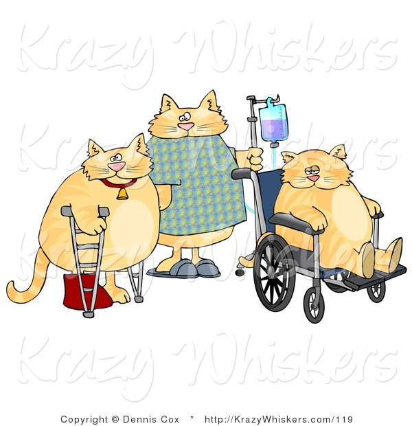 Critter Clipart of Three Hospitalized Orange Cats with IV Dispensers, Crutches, Casts and Wheelchairs