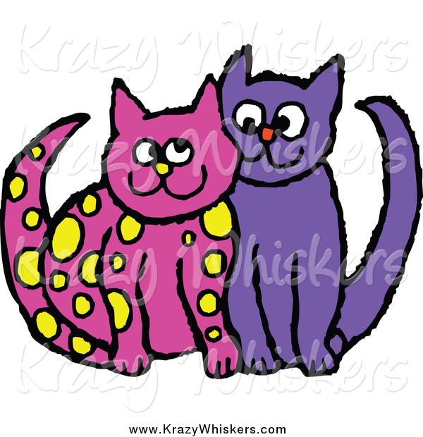 Critter Clipart of Yellow Spotted Pink and Purple Cats Cuddling