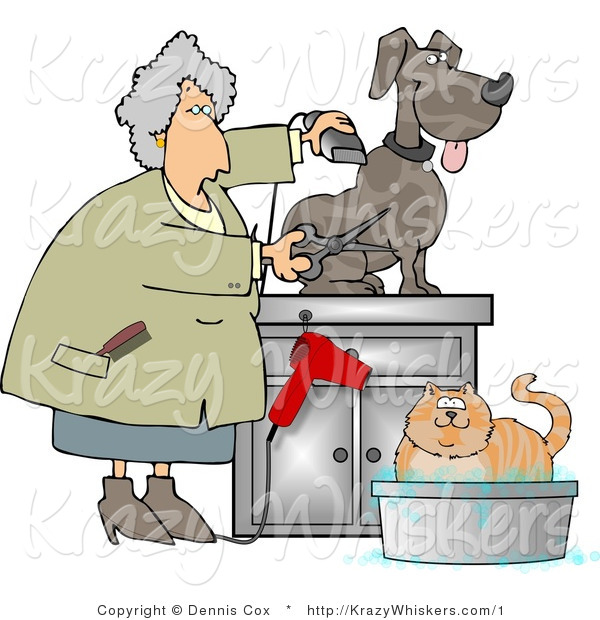 Kitty Clipart of a Groomer Using Clippers and Scissors on a Dog and Bathing a Cat - Royalty Free