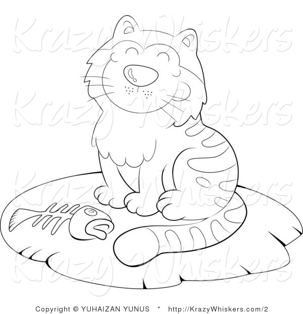 Kitty Clipart of an Outlined Cat with a Fish Bone - Royalty Free