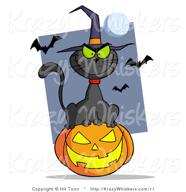 Royalty Free Vector Critter Clipart of a Evil Black Cat Wearing a Witch Hat Sitting on a Jack O Lantern, with Bats and a Full Moon
