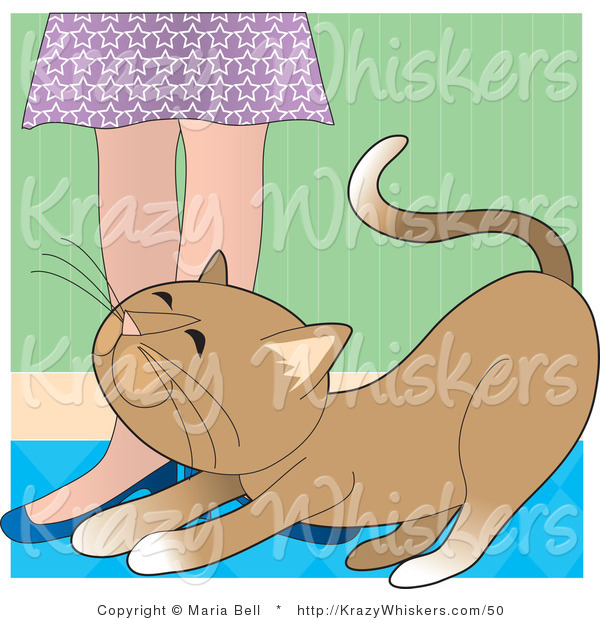 Vector Critter Clipart of a Brown Cat Rubbing Against a Lady's Legs - Royalty Free