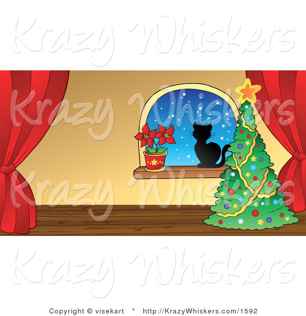 Vector Critter Clipart of a Cat by a Christmas Tree and Poinsettia - Royalty Free