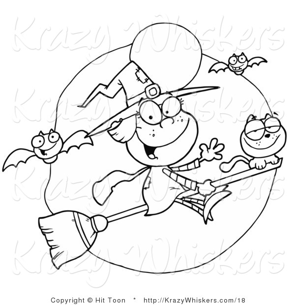 Vector Critter Clipart of a Coloring Page of a Friendly Flying Witch