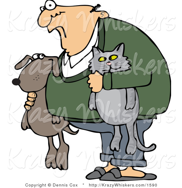 Vector Critter Clipart of a Crazy Old Man with His Pets - Royalty Free
