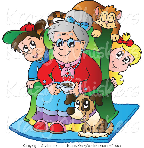 Vector Critter Clipart of a Pup and Cat with Grand Kids and Granny - Royalty Free