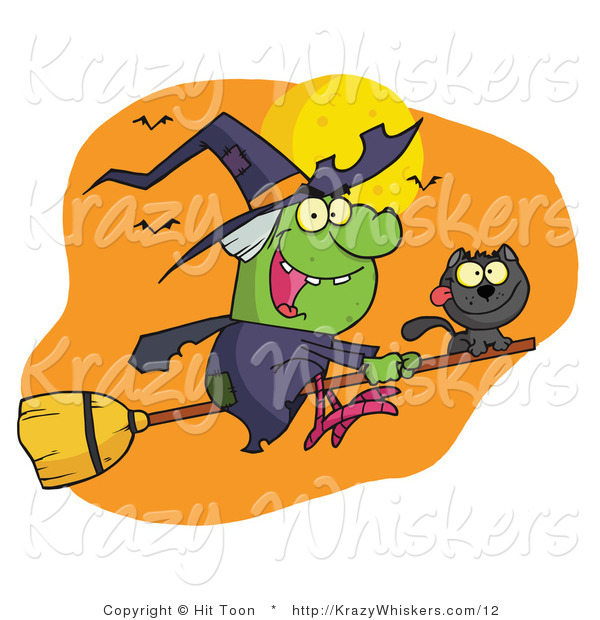 Vector Critter Clipart of a Wicked Halloween Witch and Her Black Cat Flying by Bats and a Full Moon on a Broom Stick