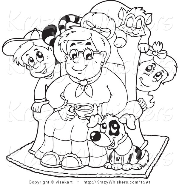 Vector Critter Clipart of an Outlined Granny with Her Pets and Grandchildren - Royalty Free