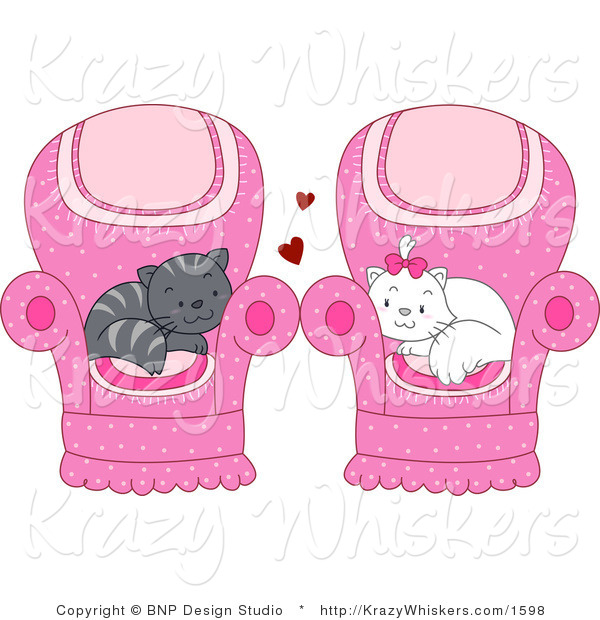 Vector Critter Clipart of Gray and White Cats Cuddled in Their Own Chairs - Royalty Free