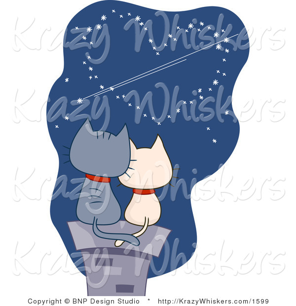 Vector Critter Clipart of Romantic Cats Gazing at Heart Stars - Royalty Free