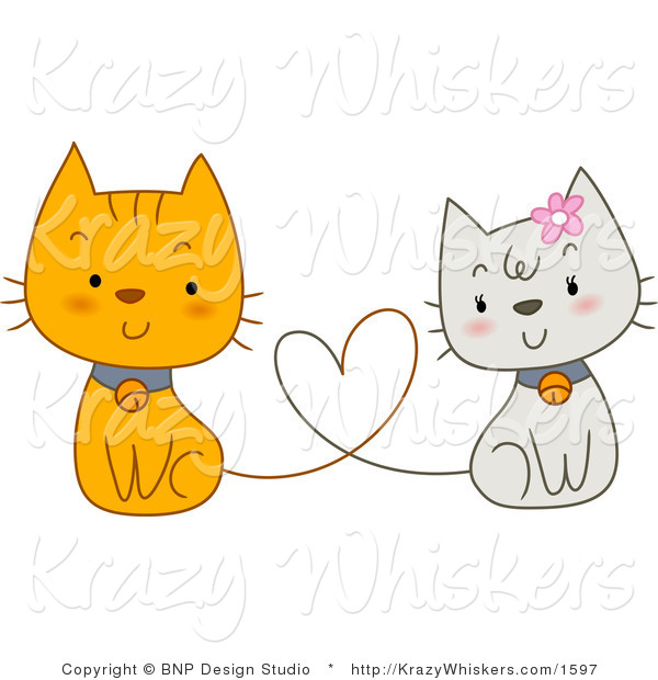 Vector Critter Clipart of White and Orange Cats with Heart Tails - Royalty Free