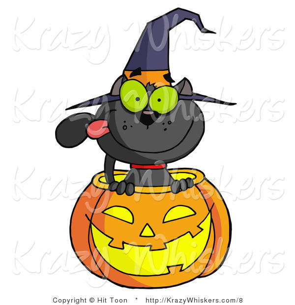 Vector Kitty Clipart of a Black Cat in a Halloween Jackolantern - Royalty Free