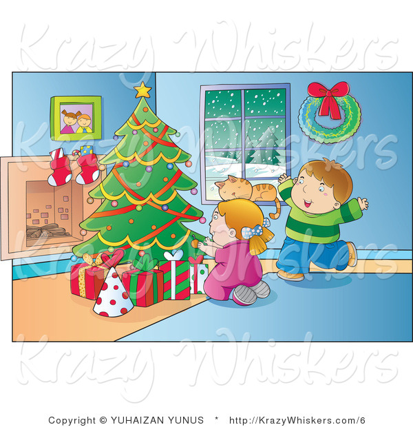 Vector Kitty Clipart of a Cat in a Window While Kids Sit by a Christmas Tree - Royalty Free