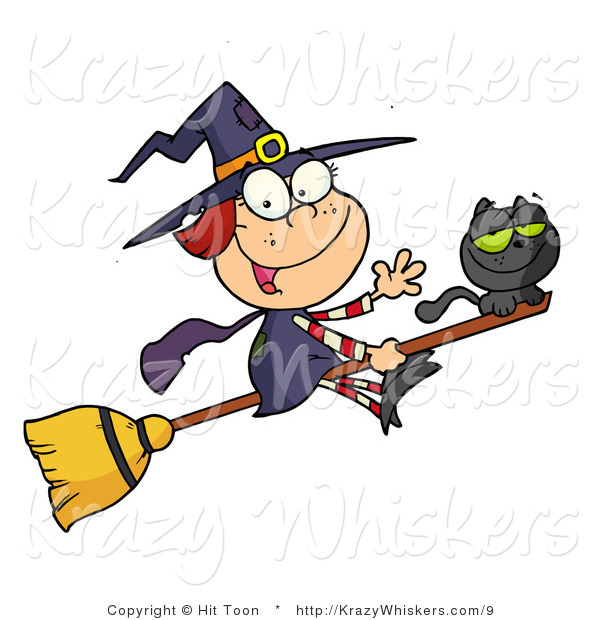 Vector Kitty Clipart of a Cute Witch and Black Cat on a Broomstick - Royalty Free