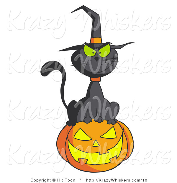 Vector Kitty Clipart of a Witch Cat on a Jackolantern - Royalty Free
