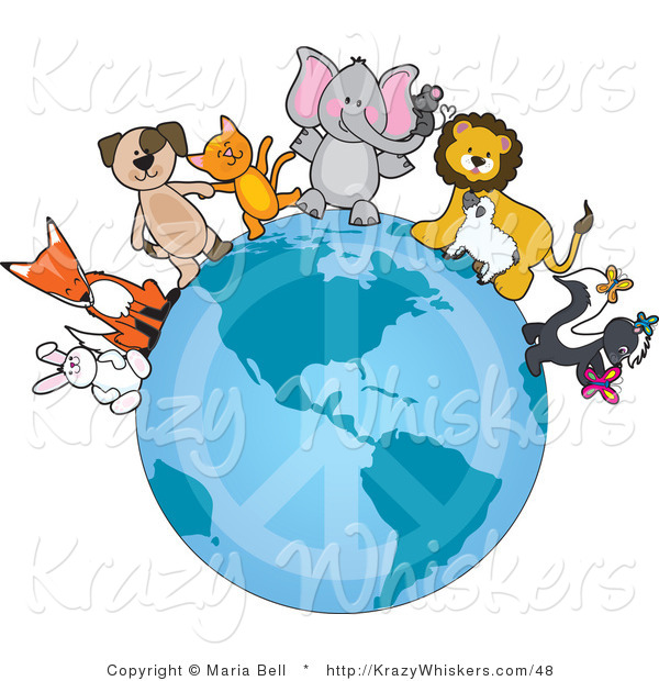 Vector Kitty Clipart of Animal Friends on a Peace Earth - Royalty Free