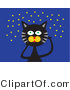 Critter Clipart of a Black Cat with Green Eyes and Gray Stripes, Looking up at a Starry Night Sky by Venki Art