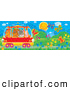 Critter Clipart of a Bright Colorful Crowded Tram Car with a Chicken, Bear, Cat and Pig, Riding Through a Garden of Flowers and Butterflies by Alex Bannykh