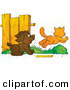 Critter Clipart of a Brown Dog Distracted from Fetching a Stick, Chasing an Orange Cat by Alex Bannykh