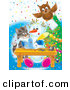 Critter Clipart of a Brown Owl Flying with an Envelope over a Kitten Watching a Snowman Writing a Letter by Alex Bannykh
