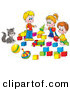 Critter Clipart of a Cat Watching Two Small Boys and a Girl Play with Blocks by Alex Bannykh