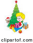 Critter Clipart of a Cat Wearing a Santa Hat, Peeking Around a Christmas Tree and Watching a Blond Boy Open Presents by Alex Bannykh