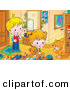 Critter Clipart of a Cheerful Boy and Girl Playing in a Room, Watching a Cat Groom Its Paw by Alex Bannykh