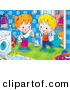 Critter Clipart of a Cheerful Boy and Girl Standing by a Washing Machine, a Cat Standing Behind a Doorway by Alex Bannykh