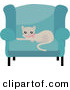 Critter Clipart of a Cute Beige Kitty Cat in a Pink Collar, Resting on a Cushion of a Blue Living Room Chair by Melisende Vector