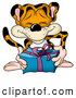 Critter Clipart of a Cute Friendly Leopard Giving a Blue and Purple Present by Dero