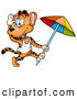 Critter Clipart of a Cute Friendly Leopard in a Tank Top, Running with a Beach Umbrella by Dero